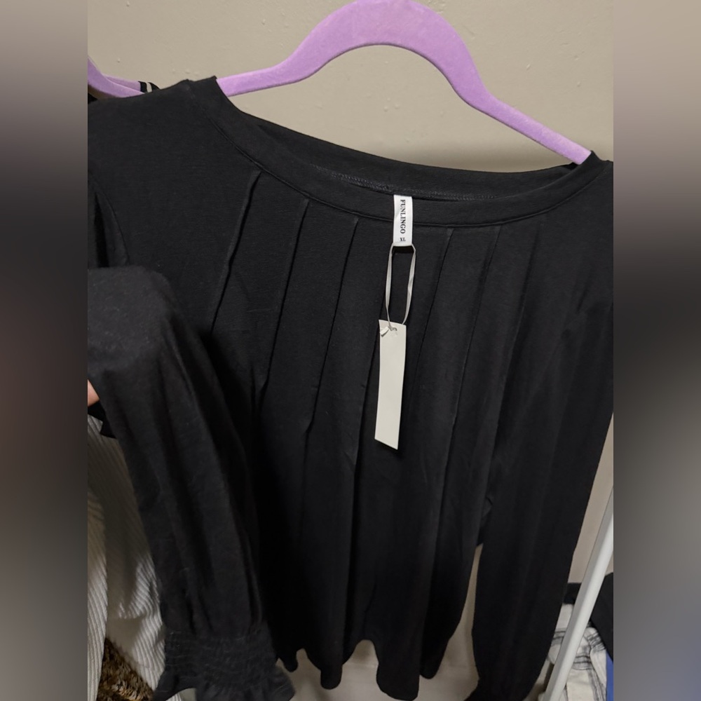 Black Pleated Long Sleeve Top
